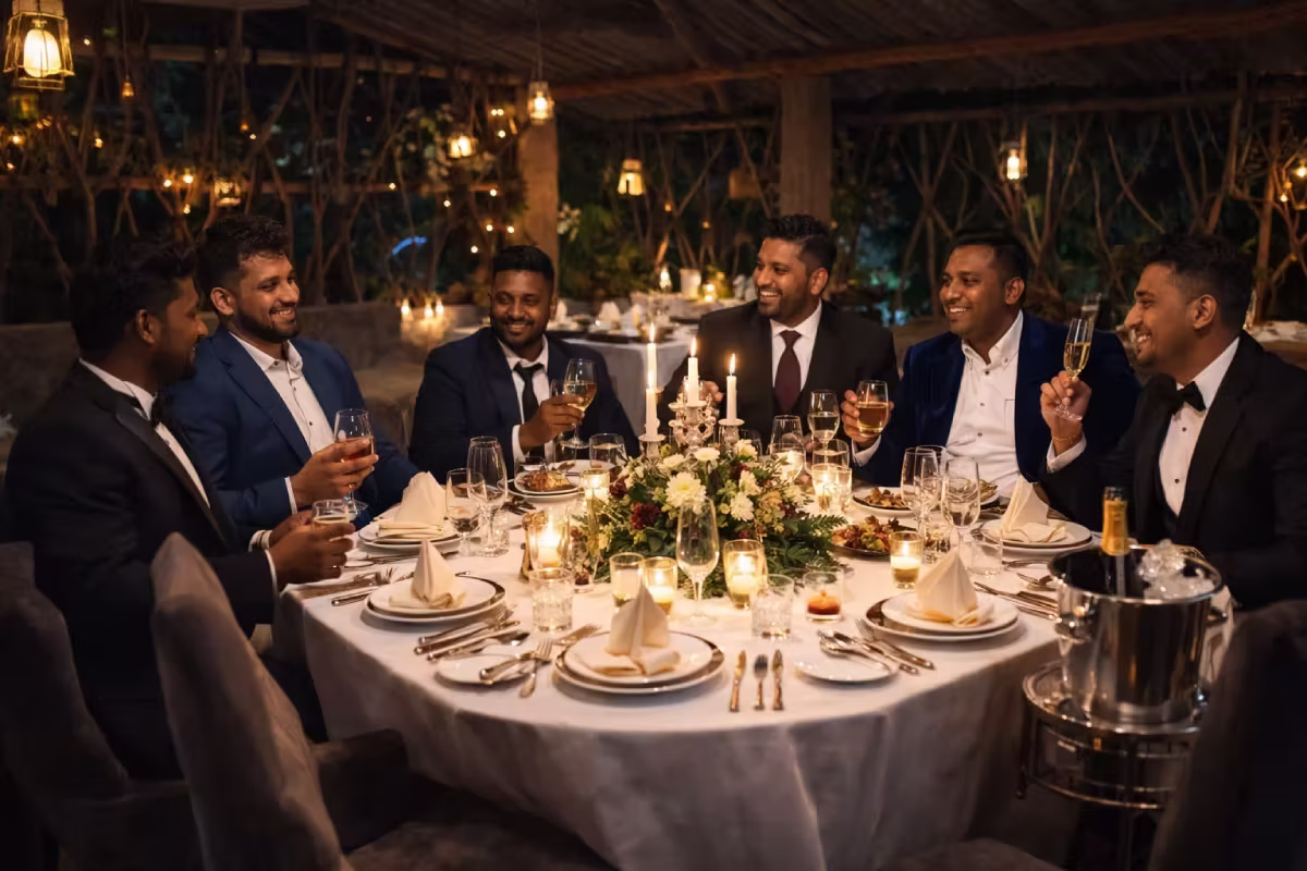 The image features a group of men gathered around a table in an indoor setting, likely during a rehearsal dinner or banquet. They are well-dressed, wearing suits